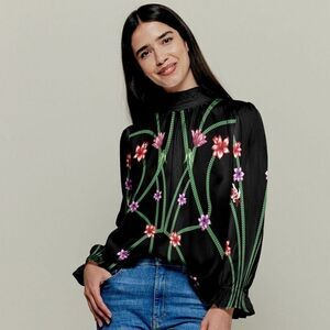 Tucker Stella Top Art Nouveau Floral in Stretch Charmeuse Silk Blouse Mock Neck